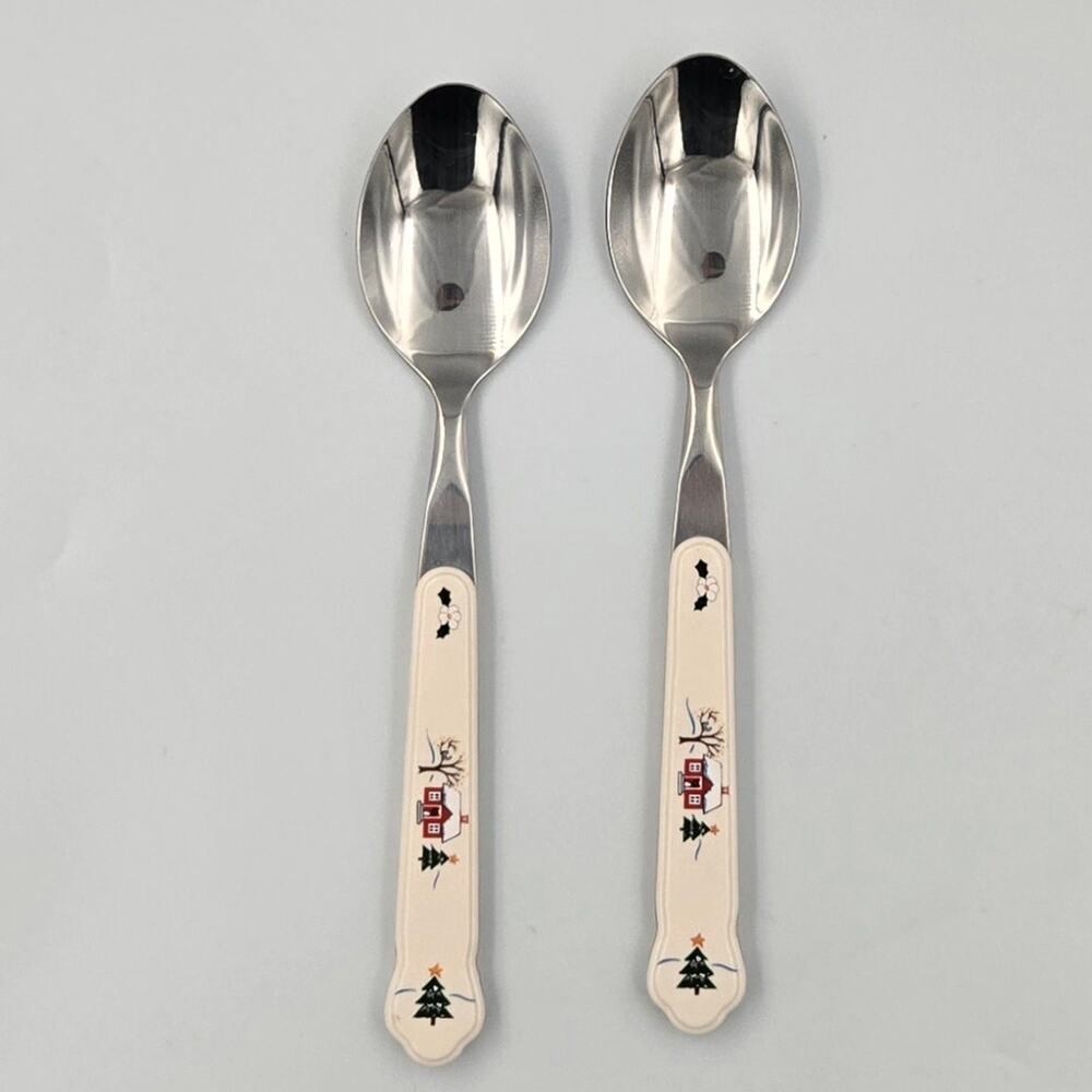 Two Pfaltzgraff Snow Village Stainless Steel Dinner Spoons Replacements